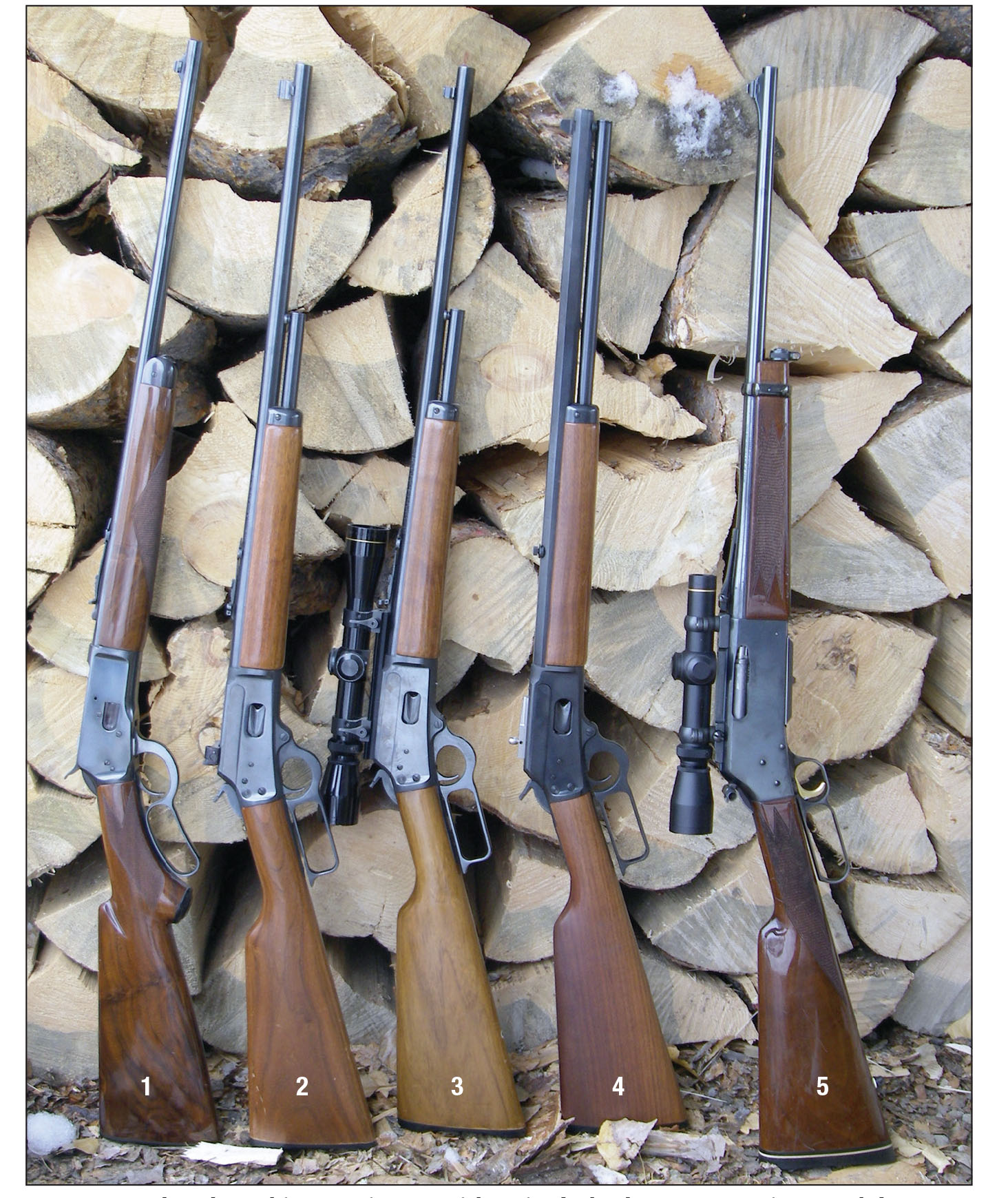 Leverguns chambered in varmint cartridges include the (1) Browning Model 53 .32-20 Winchester, (2) Marlin Model 1894CL .25-20 Winchester, (3) Marlin Model 1894CL .32-20 Winchester, (4) Marlin Model 1894CB Cowboy Carbine Limited .357 Magnum and (5) Browning BLR 81 .223 Remington.